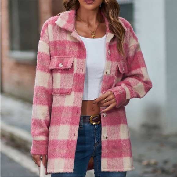 olive & leaf Tops - Pink Buffalo Plaid Fuzzy Shacket